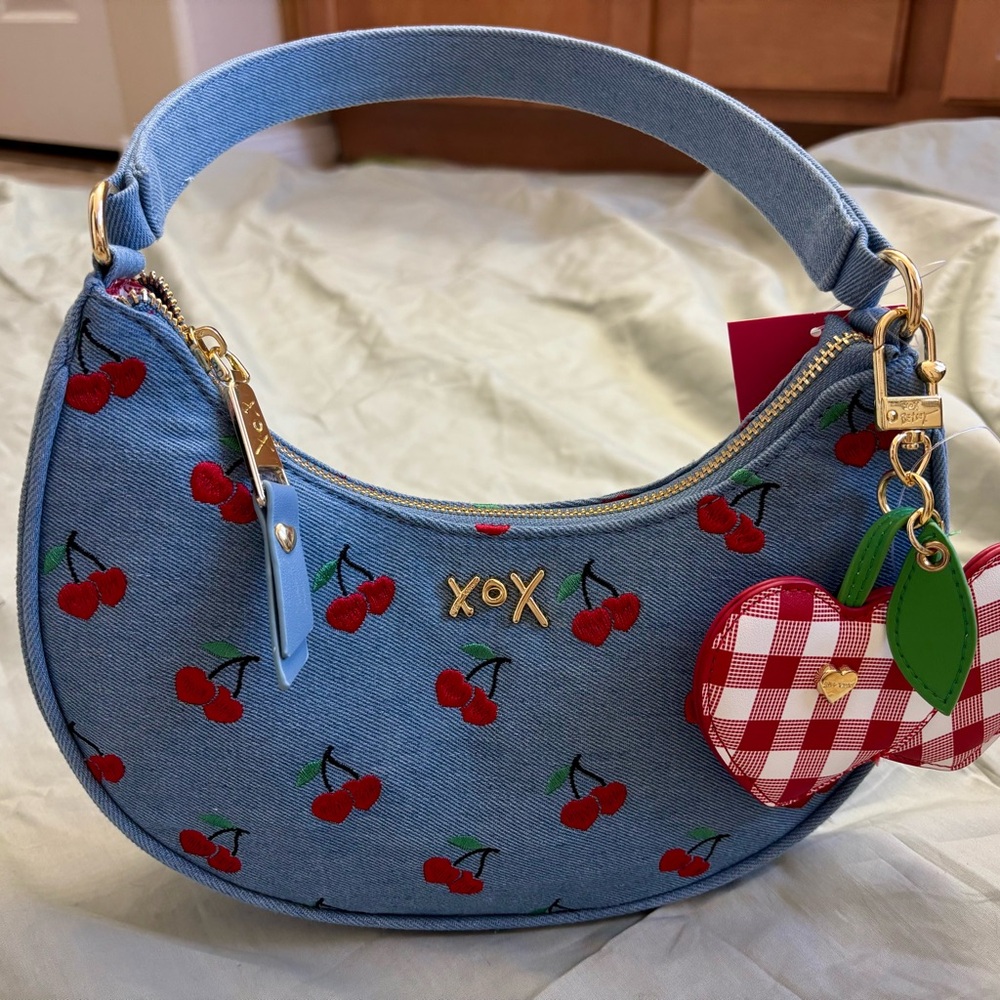 Betsey Johnson Denim Cherry Embroidered XOX Shoulder Bag with charm!